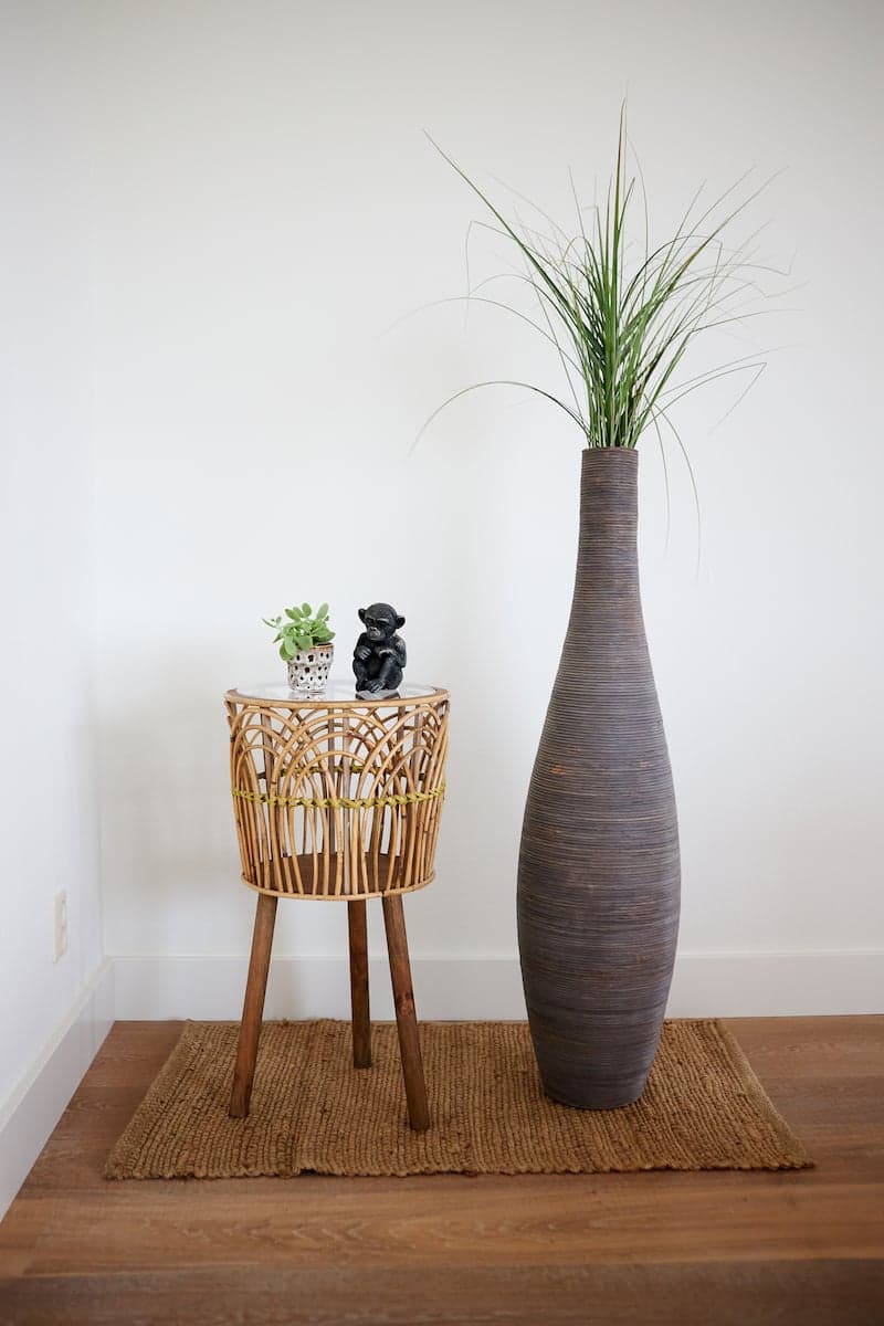 Perspex circle transparent table and rattan plant stand make